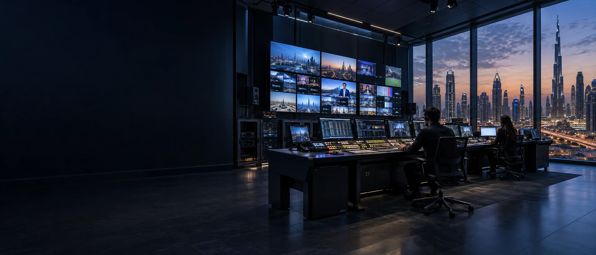 Cinematic broadcast control room overlooking Dubai at blue hour