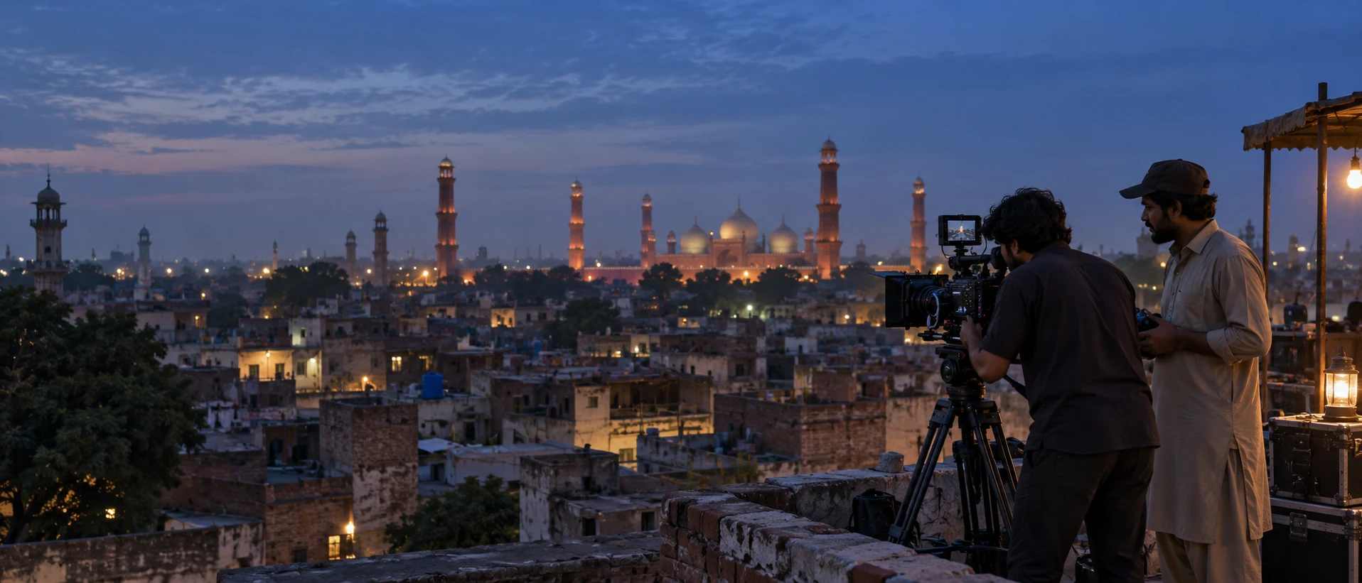 A cinematic production scene overlooking Lahore at blue hour
